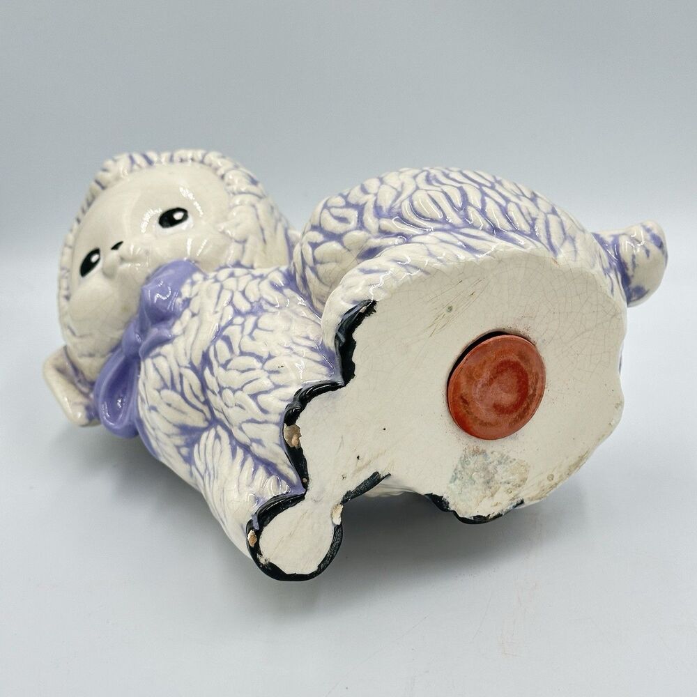 Vintage Unique Ceramic Purple & White Sheep Lamb Figurine Bank Decor 8.5” - Picture 5 of 6